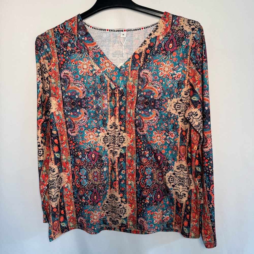 ❤️3/$30 "EXCLUSIVE" Boho Paisley Floral Top Vibrant Teal/Coral - Women’s XL NEW